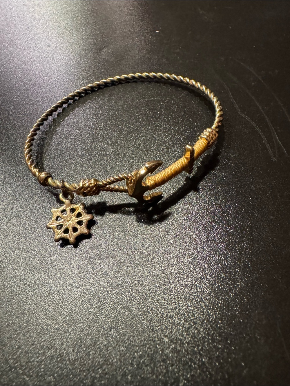 Antique Style Nautical Anchor & Helm Gold Tone Charm Bracelet